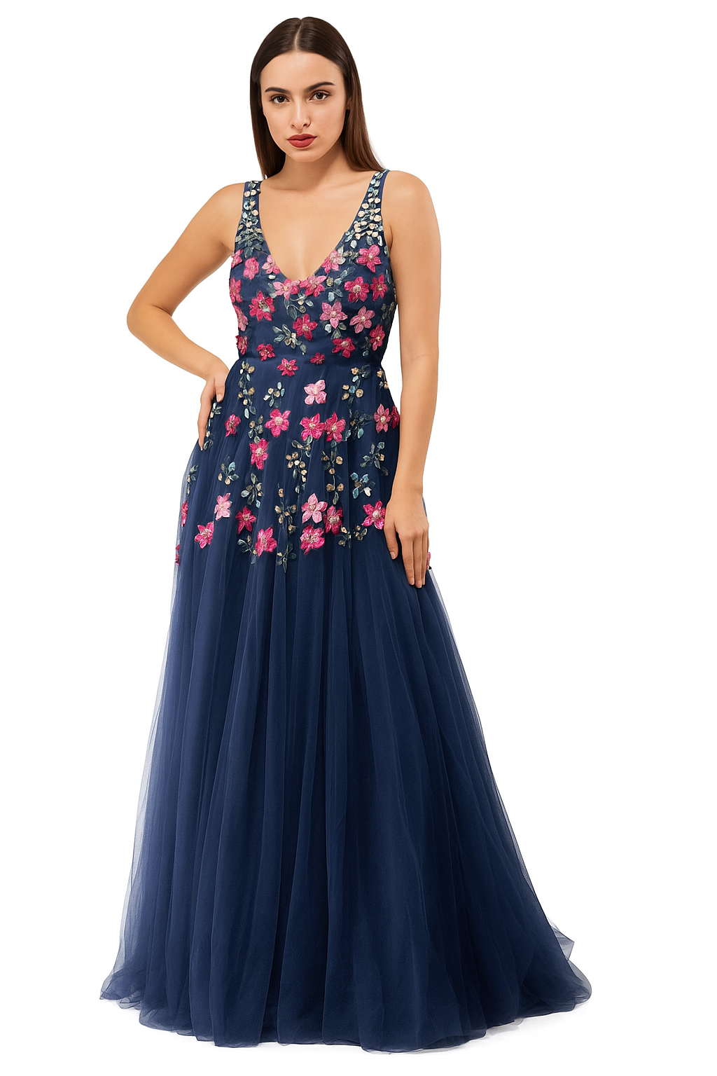 Vestido de tul con escote en V y detalles de alta costura hechos a mano CF19201111 de FG