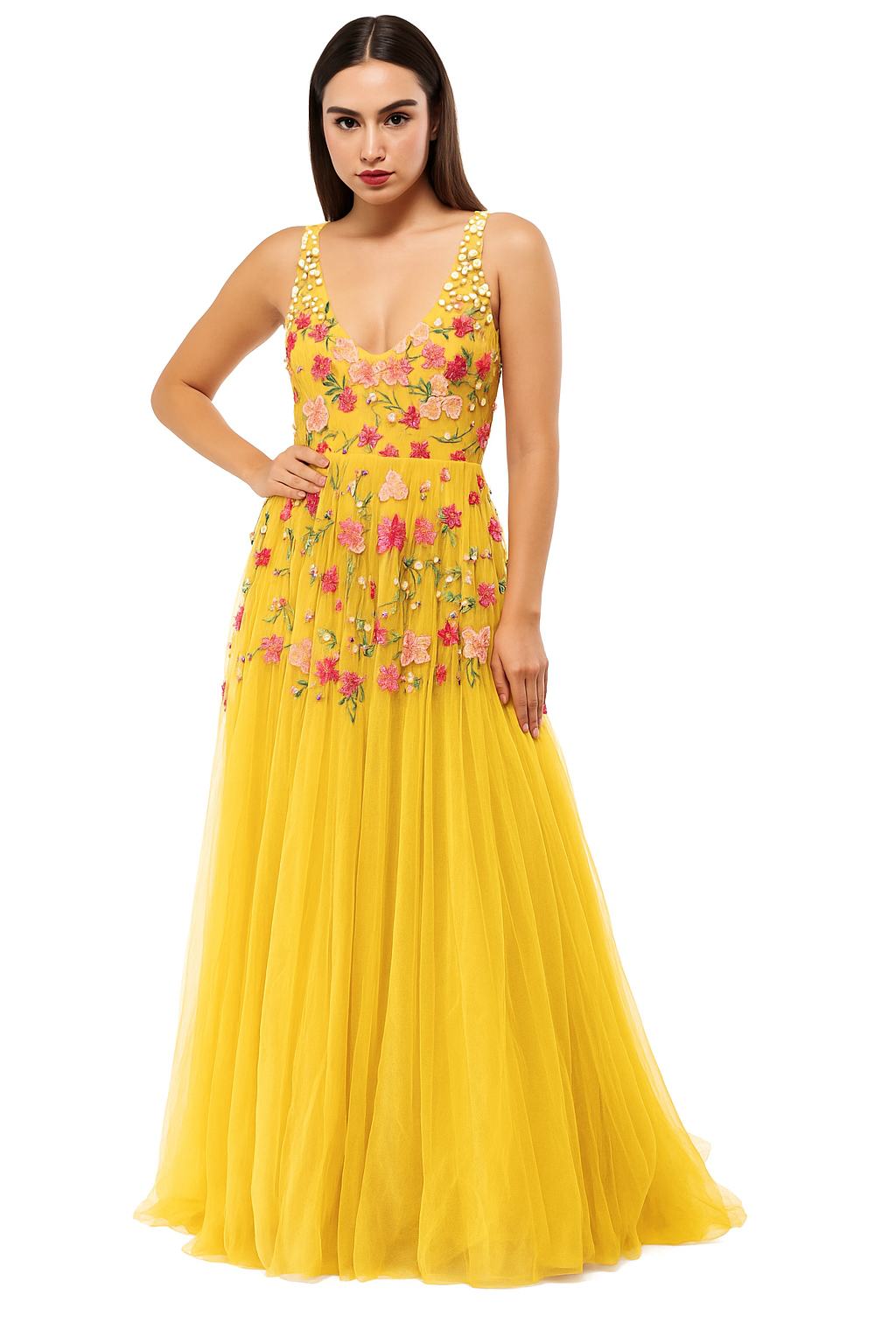 Vestido de tul con escote en V y detalles de alta costura hechos a mano CF19201111 de FG
