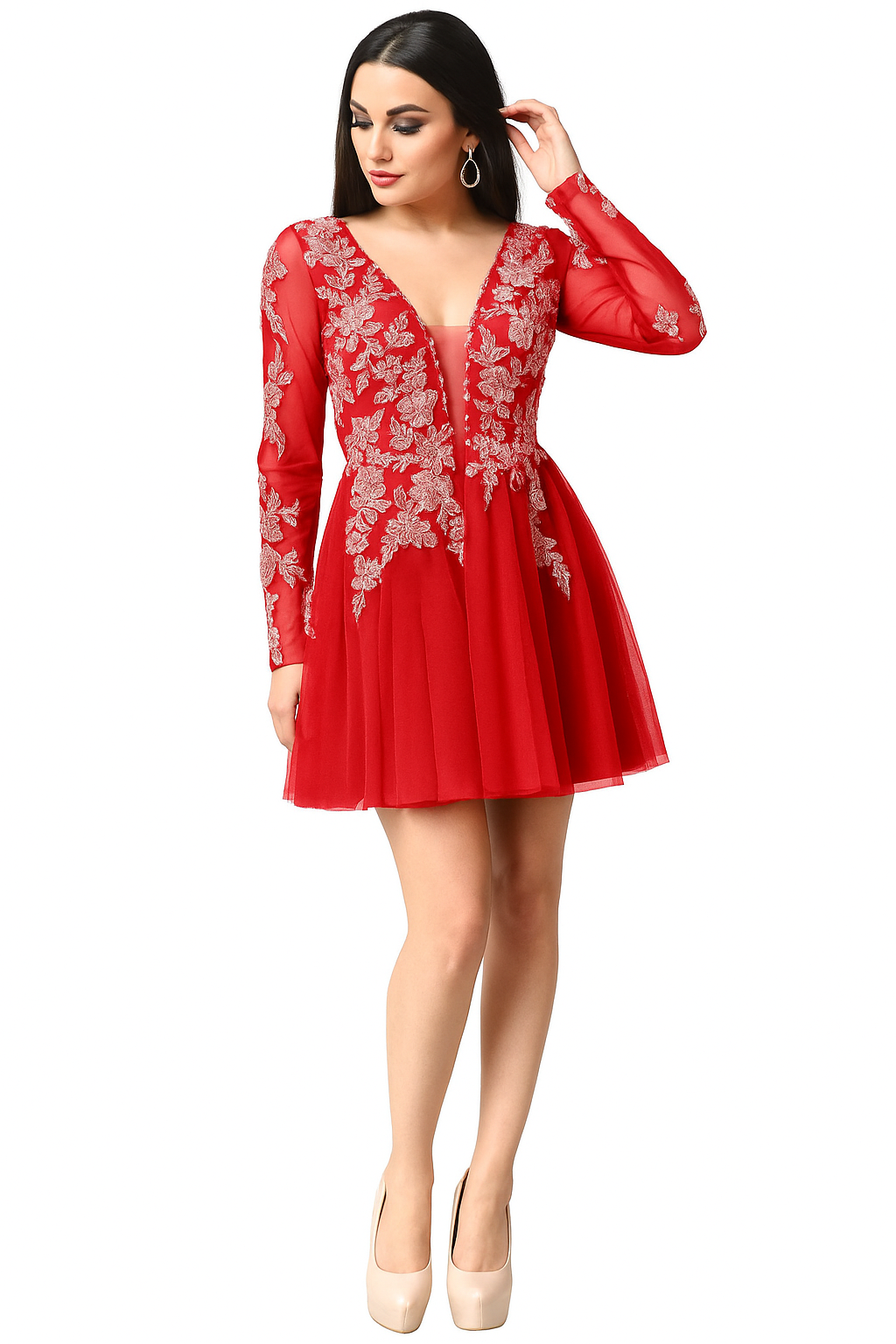 Deep V-Neck Tulle Dress with Appliqué CF19201114 by FG