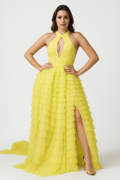 Plunging Halter Neck Maxi Dress with Slit CF19201216 by FG