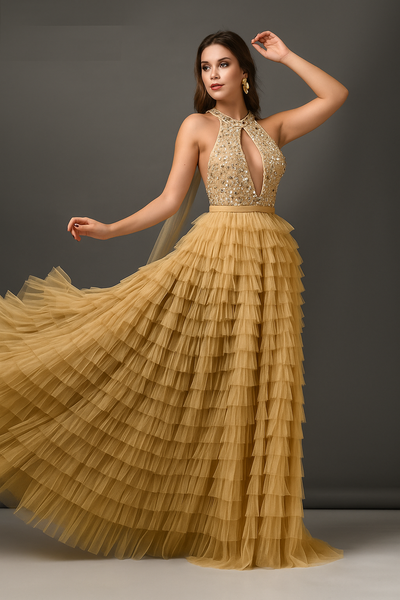 Plunging Halter Neck Maxi Dress with Slit CF19201216 by FG