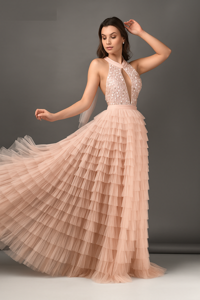 Plunging Halter Neck Maxi Dress with Slit CF19201216 by FG