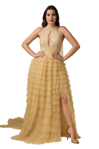 Plunging Halter Neck Maxi Dress with Slit CF19201216 by FG