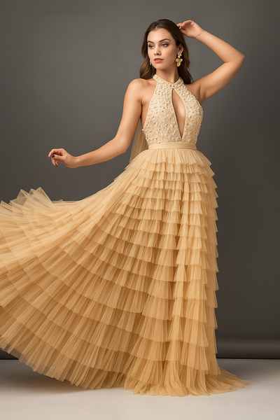 Plunging Halter Neck Maxi Dress with Slit CF19201216 by FG