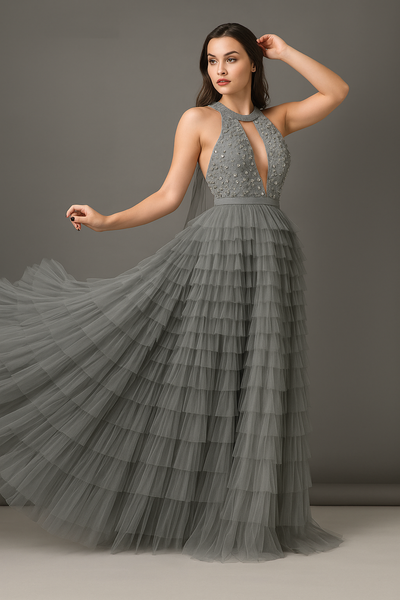 Plunging Halter Neck Maxi Dress with Slit CF19201216 by FG