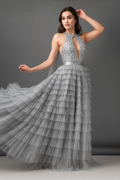 Plunging Halter Neck Maxi Dress with Slit CF19201216 by FG