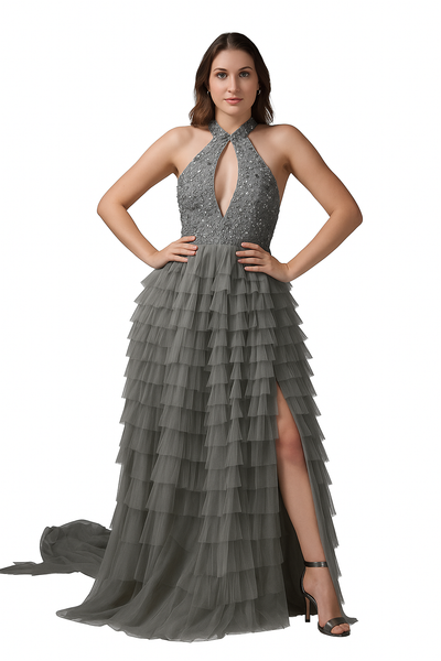 Plunging Halter Neck Maxi Dress with Slit CF19201216 by FG