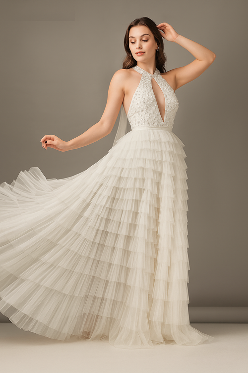 Vestido largo con escote halter pronunciado y abertura CF19201216 de FG