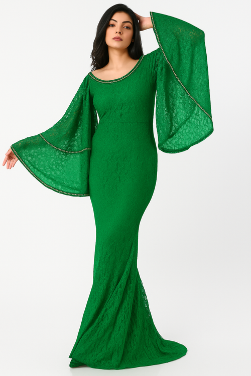 Vestido sirena con cuello redondo, mangas murciélago y encaje CF20210161 de FG