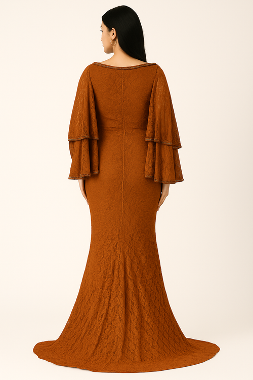Vestido sirena con cuello redondo, mangas murciélago y encaje CF20210161 de FG