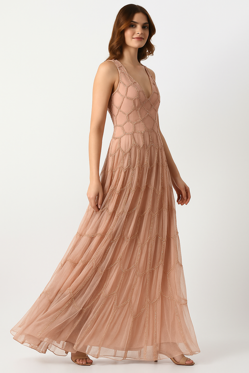 Vestido largo con escote en V y abertura CF22230393 de FG