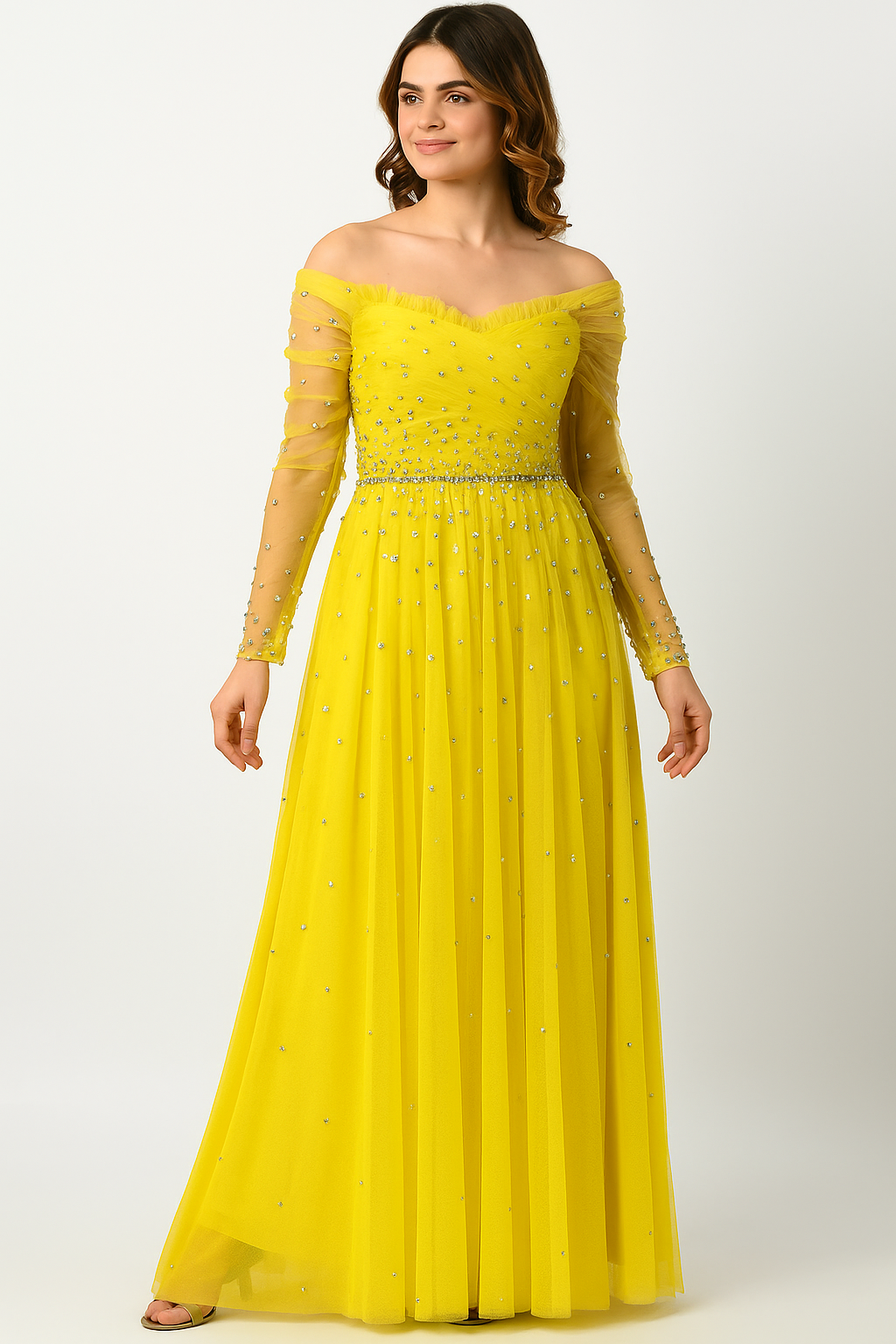 Elegante vestido de noche de corte A con hombros descubiertos CF23240997 de FG