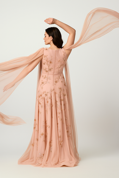 Rosy Cascade Cape Gown – Long Sleeve Dress CF242503101 by FG
