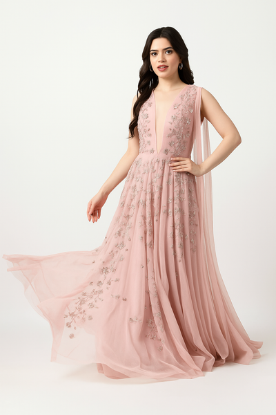 Rosy Cascade Cape Gown – Long Sleeve Dress CF242503101 by FG
