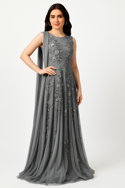 Rosy Cascade Cape Gown – Long Sleeve Dress CF242503101 by FG