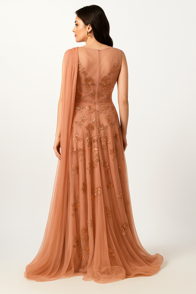 Rosy Cascade Cape Gown – Long Sleeve Dress CF242503101 by FG