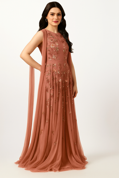 Rosy Cascade Cape Gown – Long Sleeve Dress CF242503101 by FG