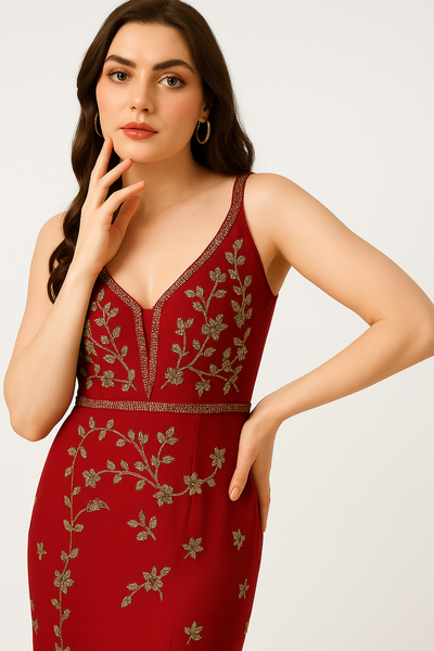 Godet Gown Evening Dress with Gold Accents CF242503102 by FG