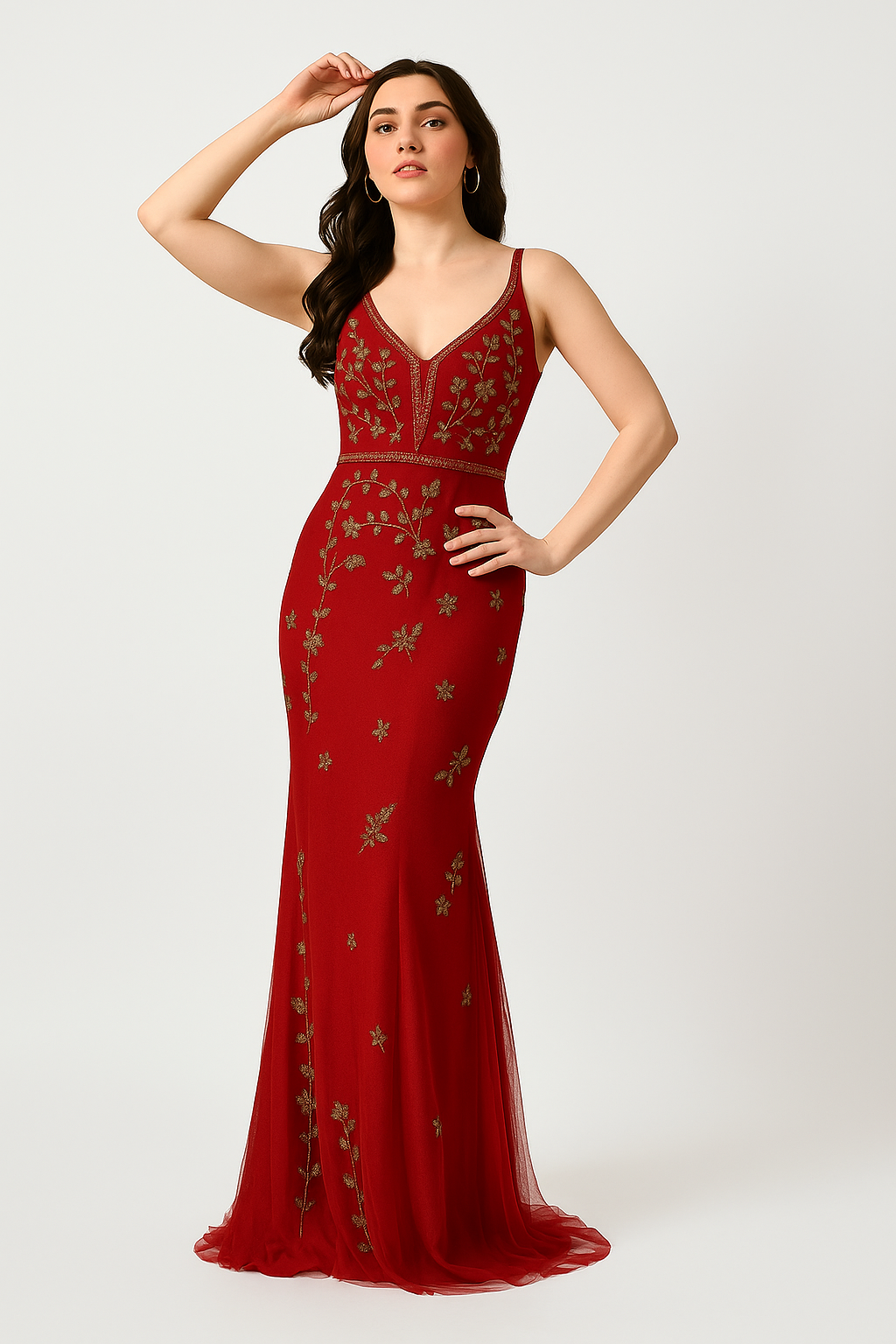 Godet Gown Evening Dress with Gold Accents CF242503102 by FG