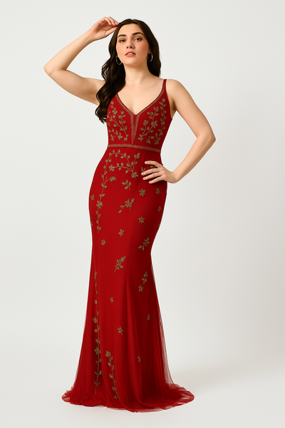 Godet Gown Evening Dress with Gold Accents CF242503102 by FG