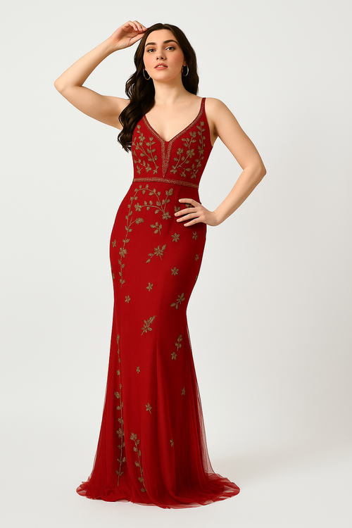 Vestido de noche Godet con detalles dorados CF242503102 de FG