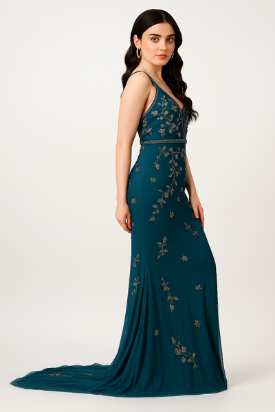 Godet Gown Evening Dress with Gold Accents CF242503102 by FG