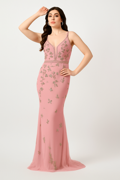 Godet Gown Evening Dress with Gold Accents CF242503102 by FG