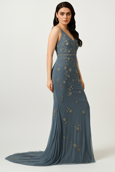 Godet Gown Evening Dress with Gold Accents CF242503102 by FG