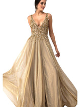 Gold Fringe Deep V-Neck Dress CF19200135 by FG