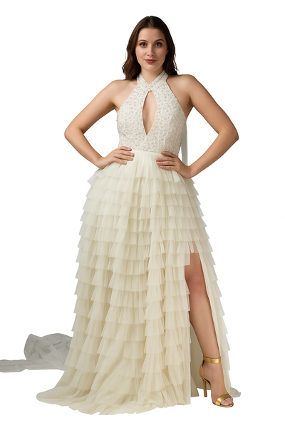 Plunging Halter Neck Maxi Dress with Slit CF19201216 by FG