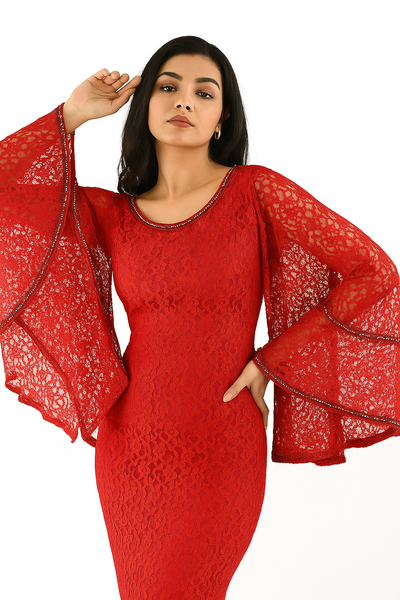 Round Neck Bat Sleeve Mermaid Dress with Lace CF20210161 by FG