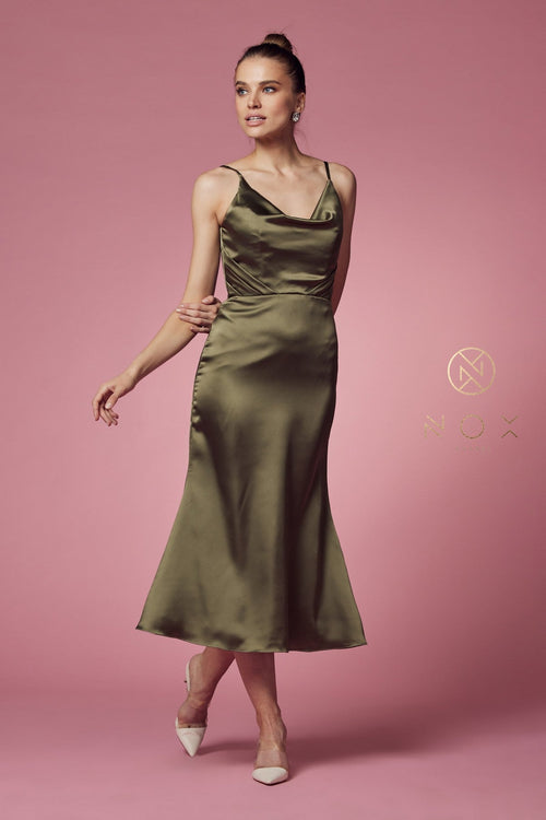 Nox Anabel R1027 Cowl Neck Satin Fitted Knee Length Cocktail Dress