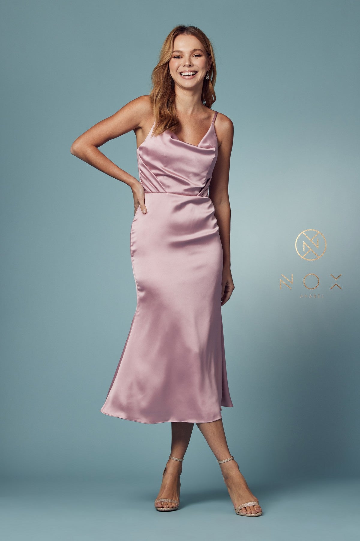Nox Anabel R1027 Cowl Neck Satin Fitted Knee Length Cocktail Dress