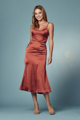 Nox Anabel R1027 Cowl Neck Satin Fitted Knee Length Cocktail Dress