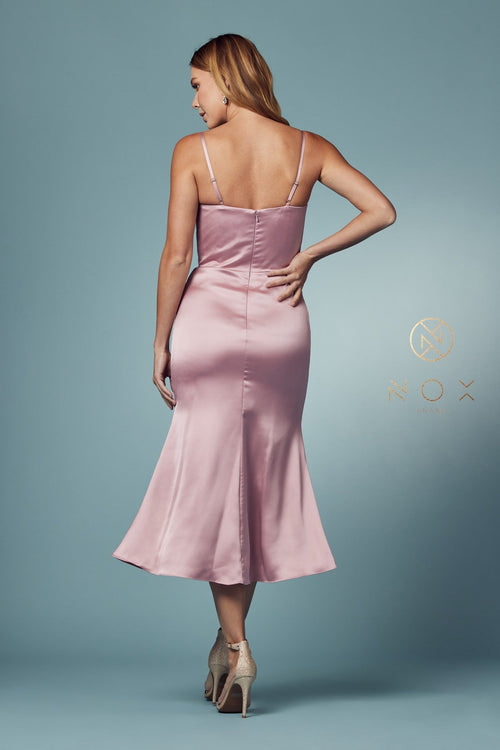 Nox Anabel R1027 Cowl Neck Satin Fitted Knee Length Cocktail Dress