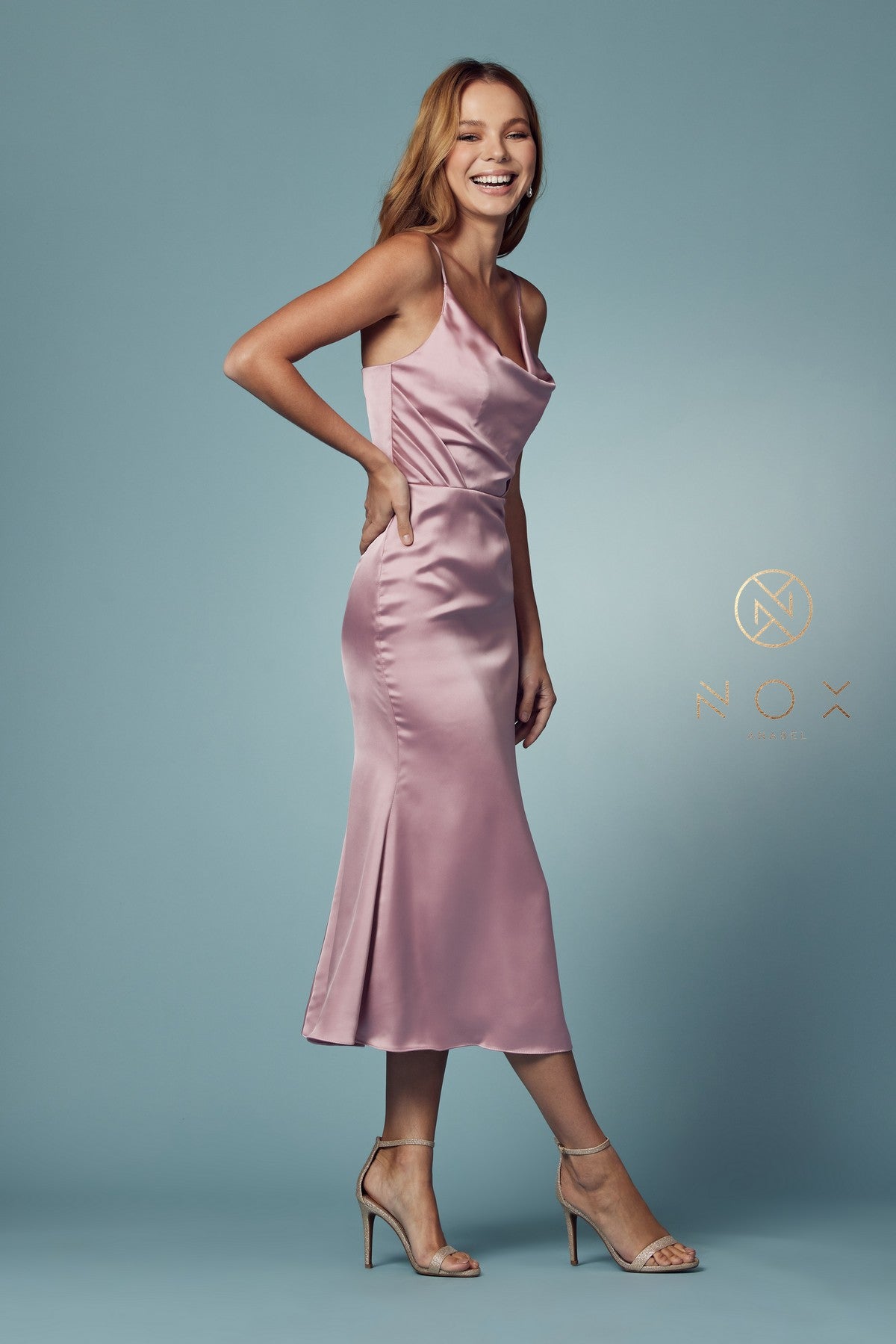 Nox Anabel R1027 Cowl Neck Satin Fitted Knee Length Cocktail Dress