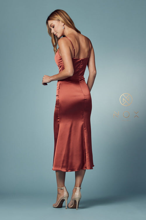Nox Anabel R1027 Cowl Neck Satin Fitted Knee Length Cocktail Dress