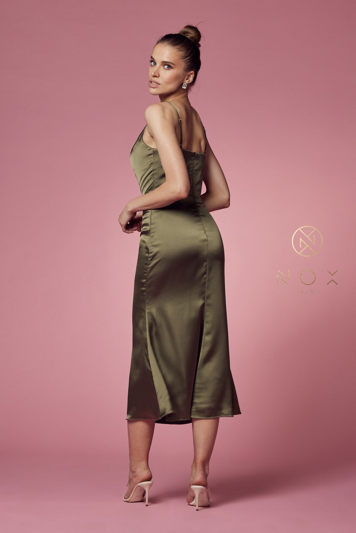 Nox Anabel R1027 Cowl Neck Satin Fitted Knee Length Cocktail Dress
