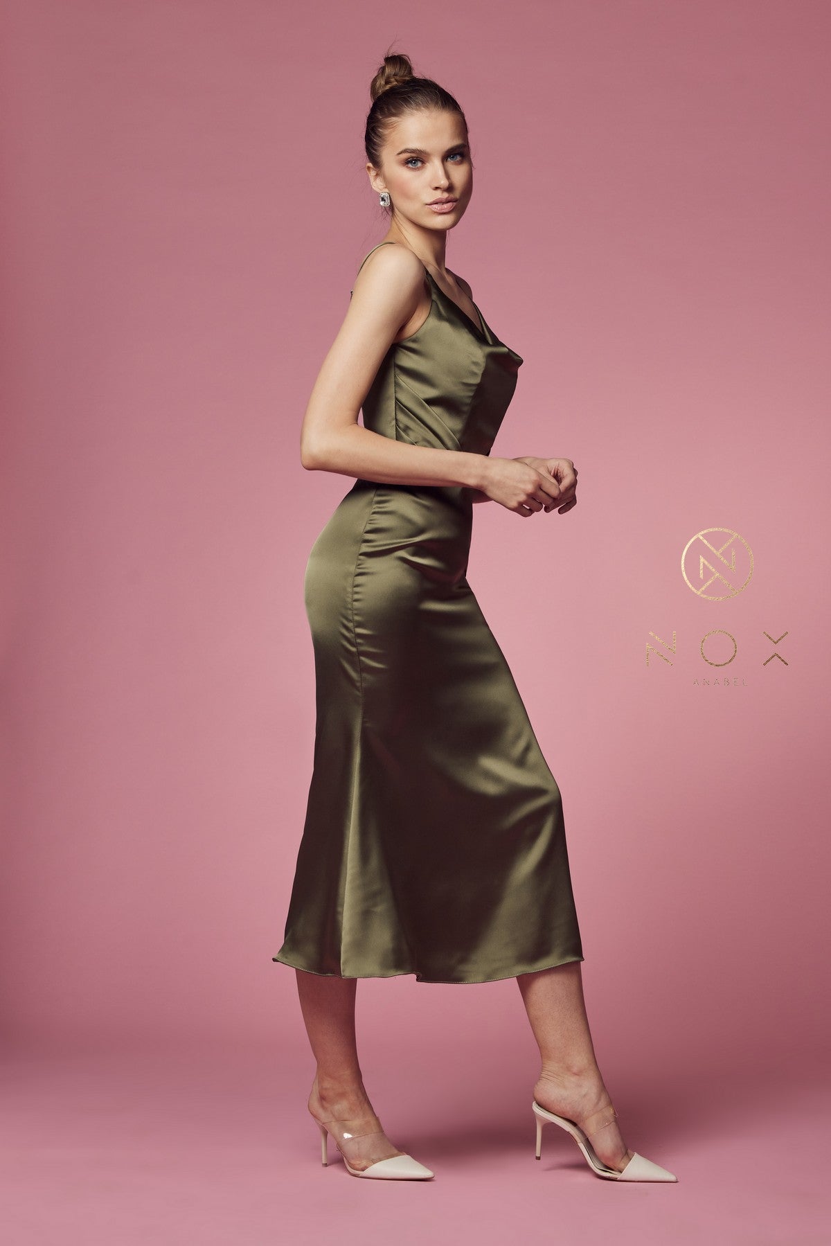 Nox Anabel R1027 Cowl Neck Satin Fitted Knee Length Cocktail Dress
