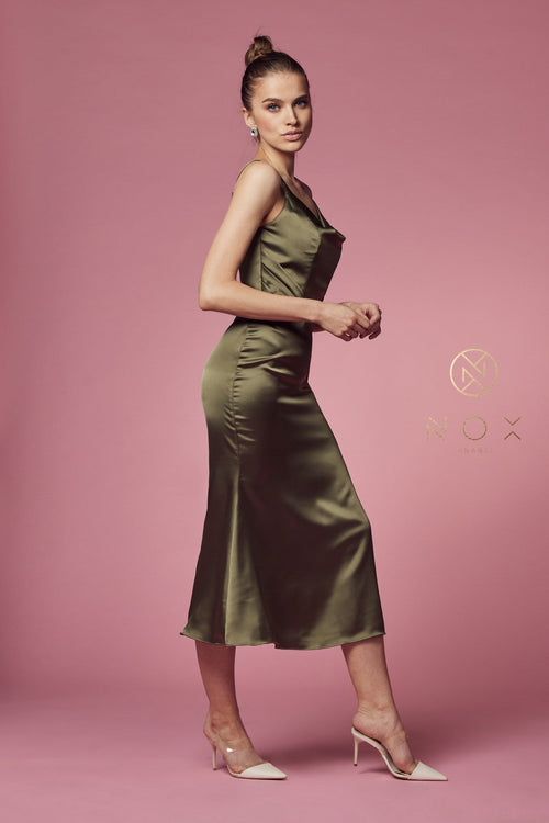 Nox Anabel R1027 Cowl Neck Satin Fitted Knee Length Cocktail Dress