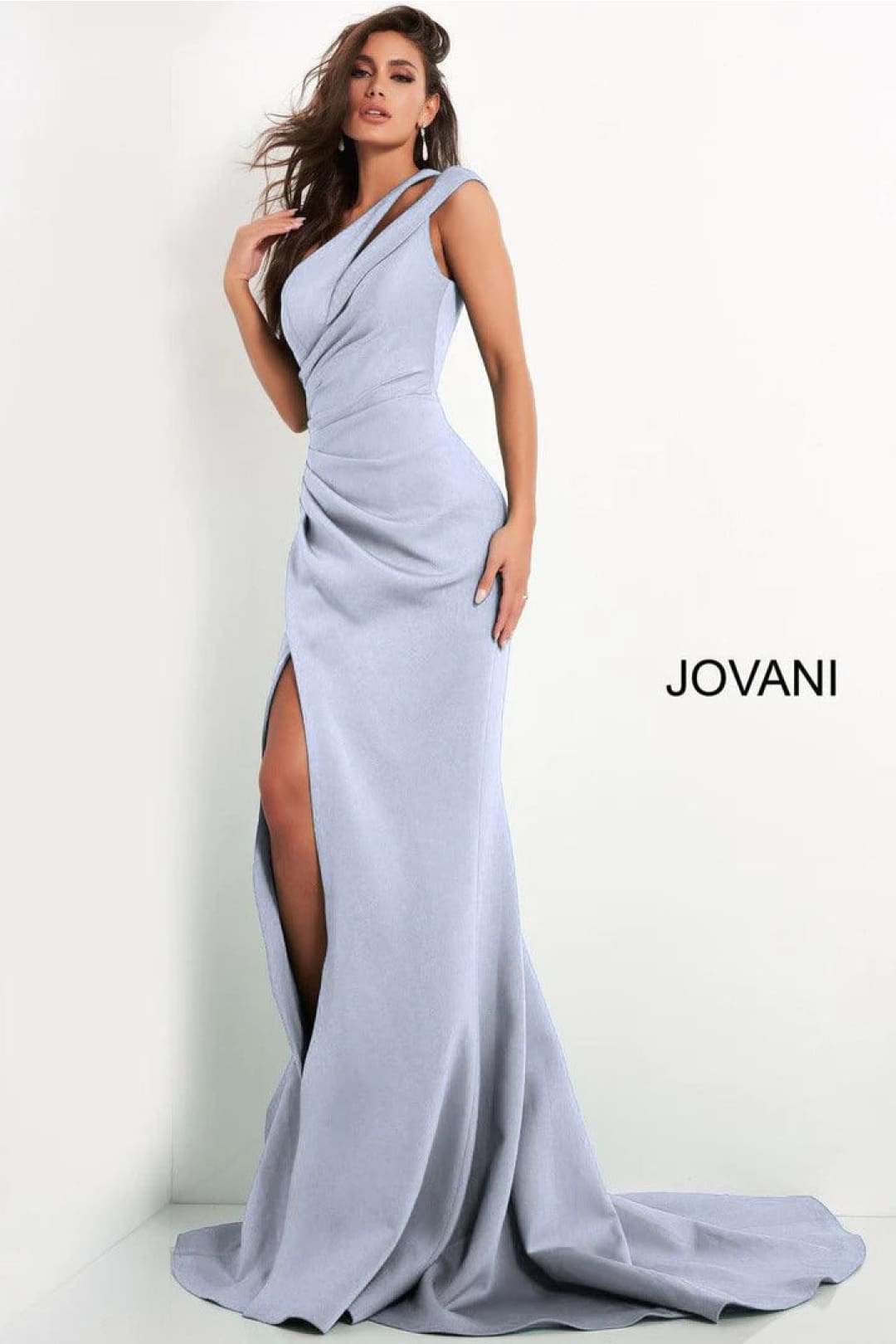 Crepe Fitted One Shoulder Slit Gown by Jovani 04222 - 00 / Light Blue - Long Formal Dresses