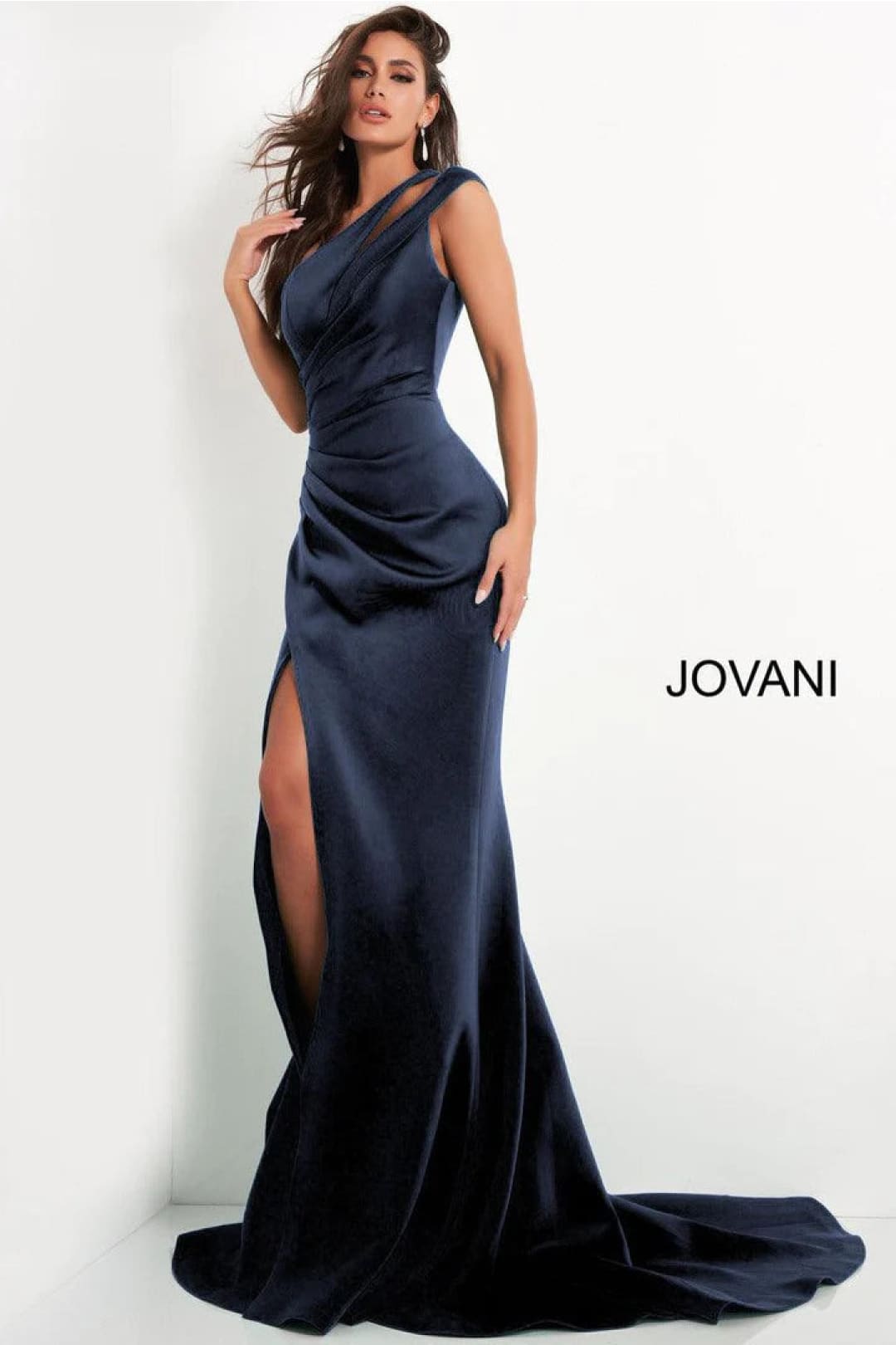 Crepe Fitted One Shoulder Slit Gown by Jovani 04222 - 00 / Navy - Long Formal Dresses