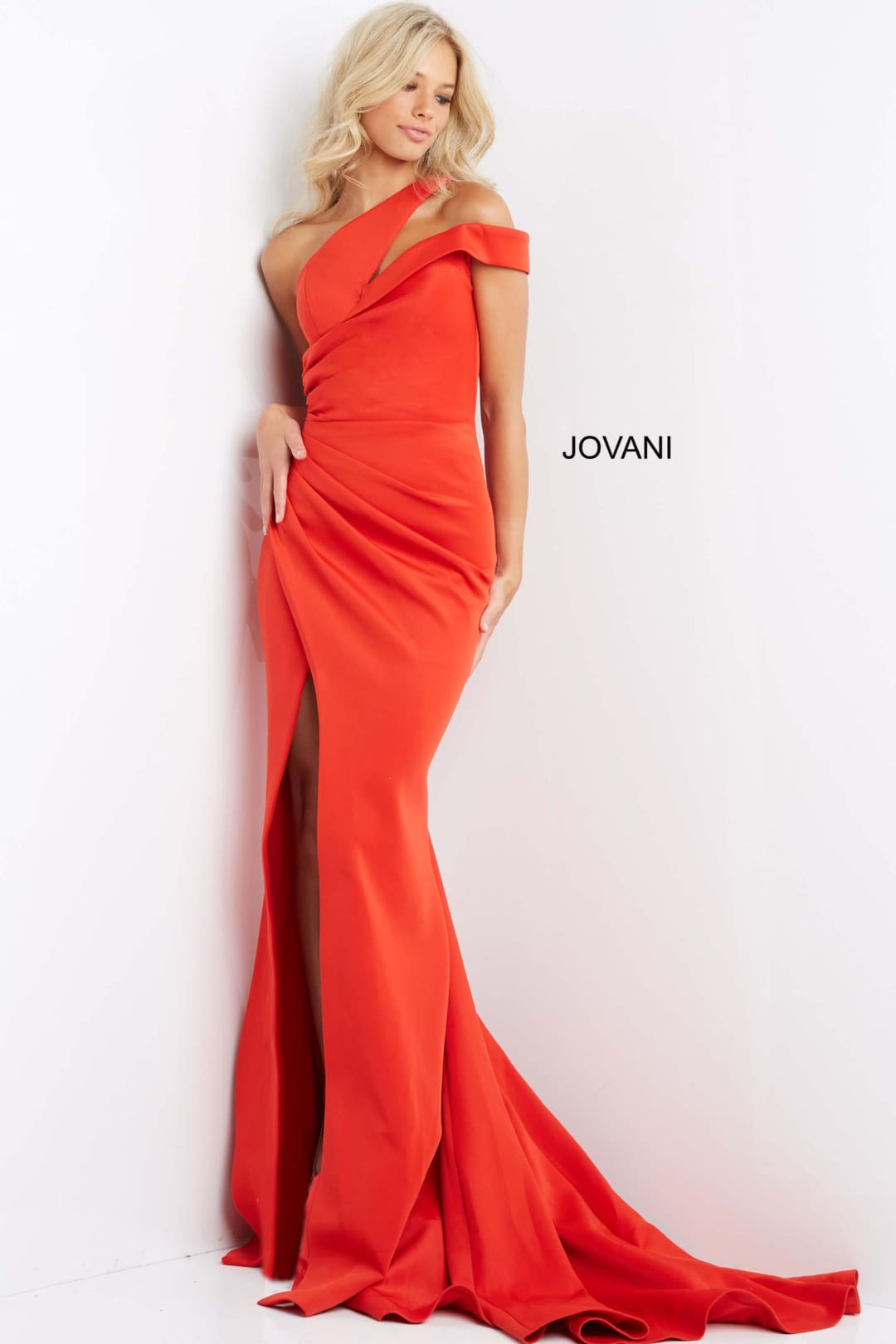 Crepe Fitted One Shoulder Slit Gown by Jovani 04222 - 00 / Tomato - Long Formal Dresses