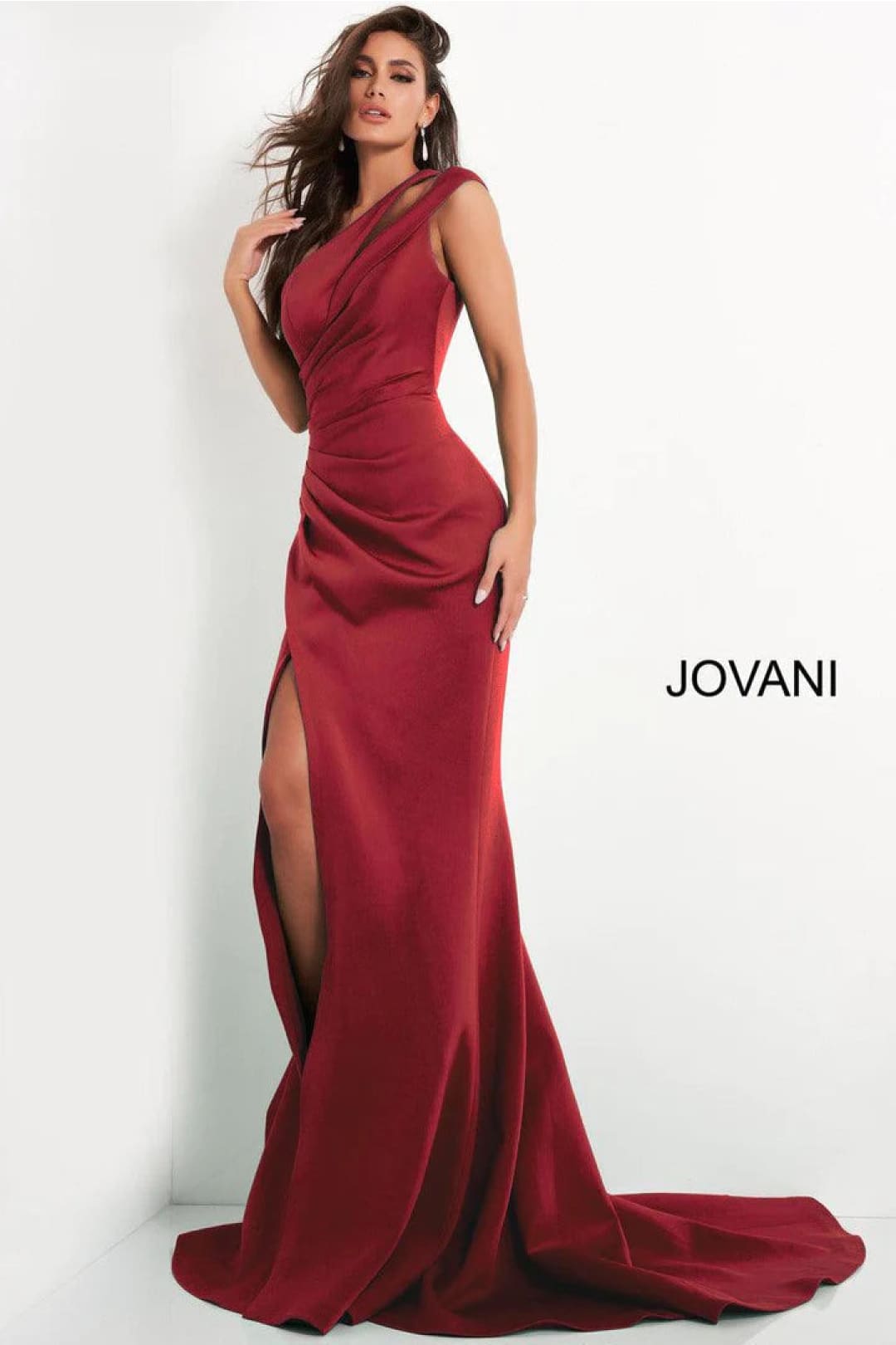 Crepe Fitted One Shoulder Slit Gown by Jovani 04222 - 00 / Wine - Long Formal Dresses