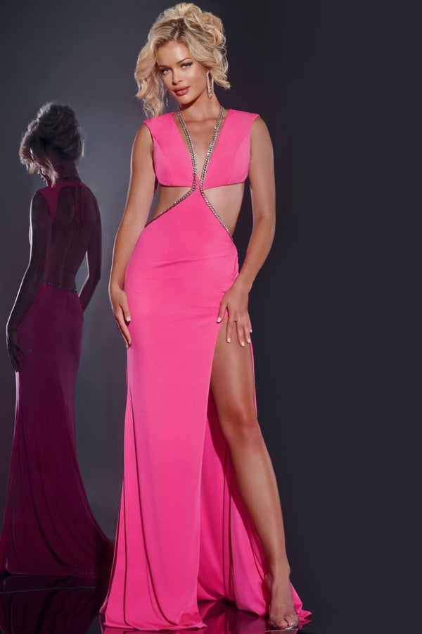 Crepe Fitted Sleeveless Cutout Gown by Jovani 42675 - 00 / Hot Pink - Long Formal Dresses