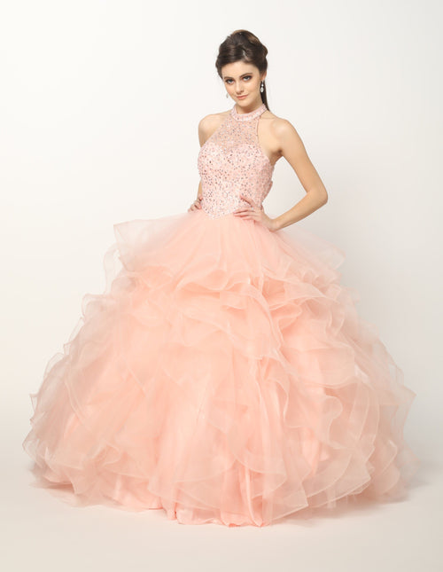 Juliet 1420 Crystal-Beaded Quinceanera Dress Tulle High Neck Ball Gown
