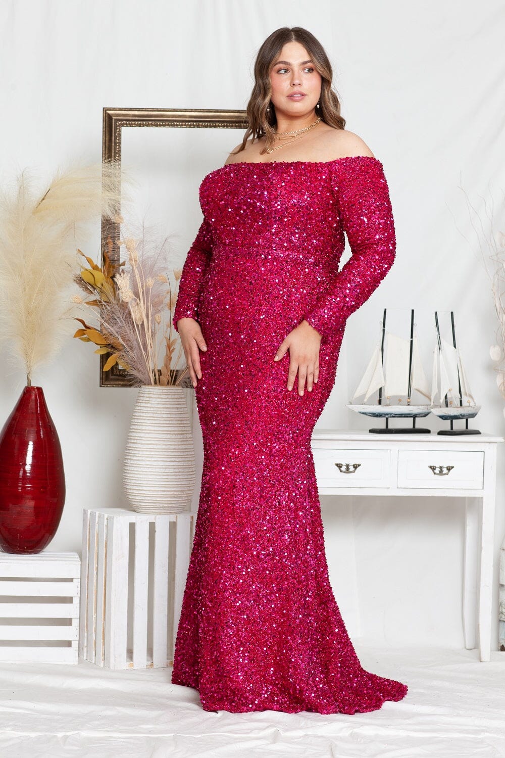 Vestido de lentejuelas con hombros descubiertos y corte entallado de Poly USA W8876