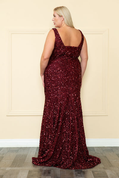 Poly USA W1122 Plus Size Fitted Sleeveless Sequin Slit Gown