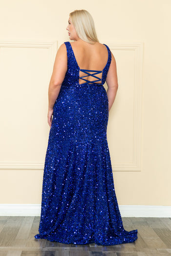 Poly USA W1122 Plus Size Fitted Sleeveless Sequin Slit Gown