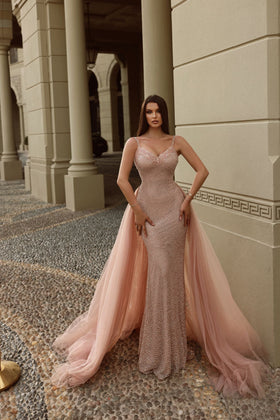 Chic and Holland HF110063A V-Neck Beaded Evening Gown